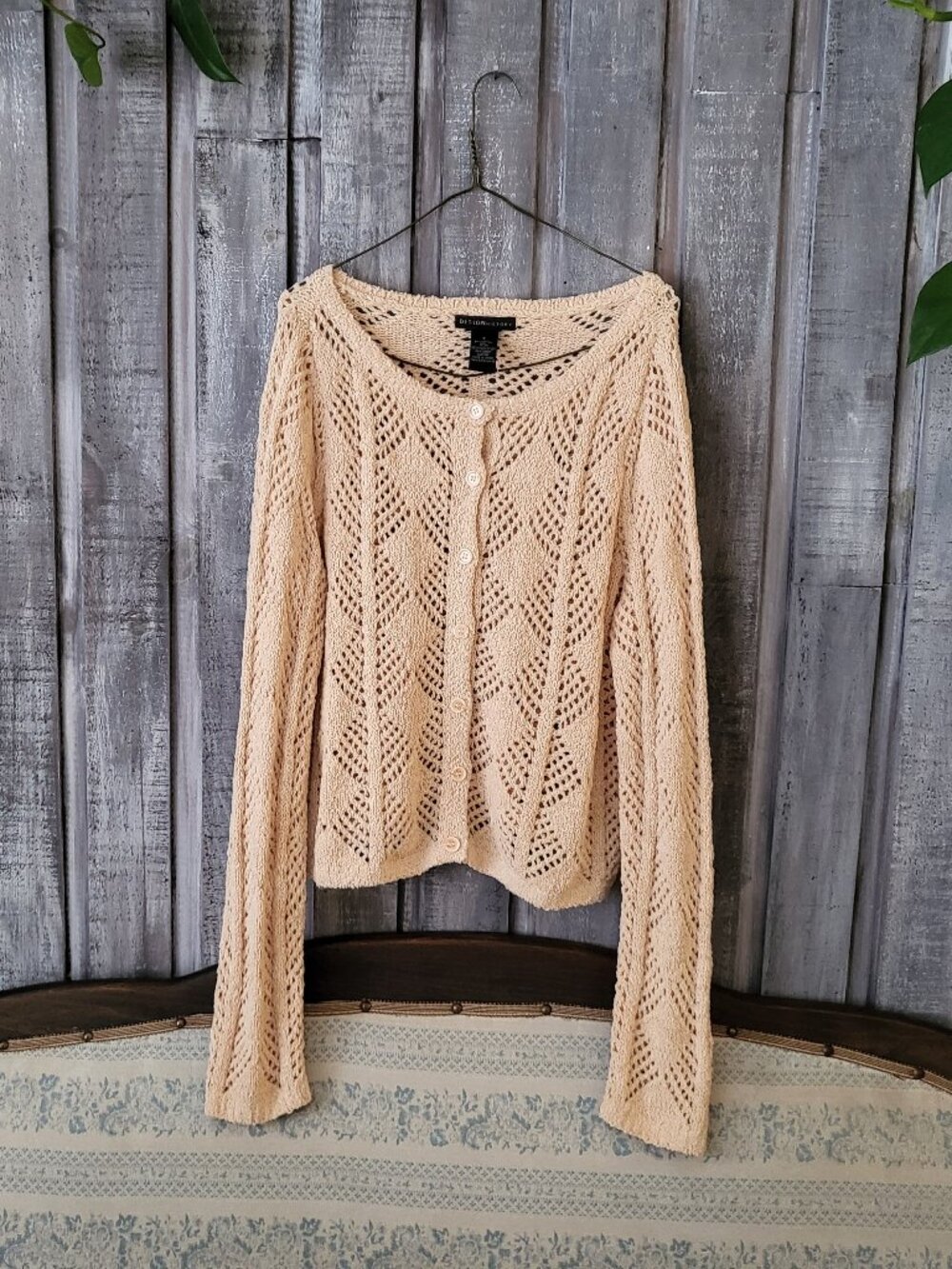 Pointelle Knit Cardigan Sweater Beige Nude Cotton Cropped Top Relaxed Fit Small